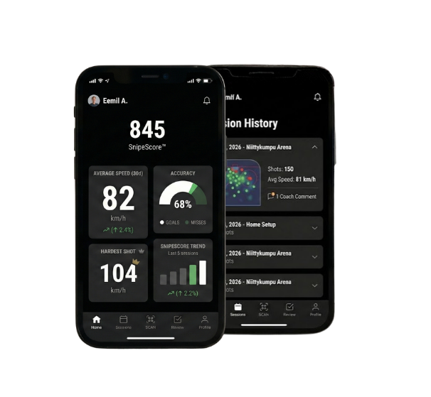 Two smartphones displaying a shooting app interface with various statistics and graphs.