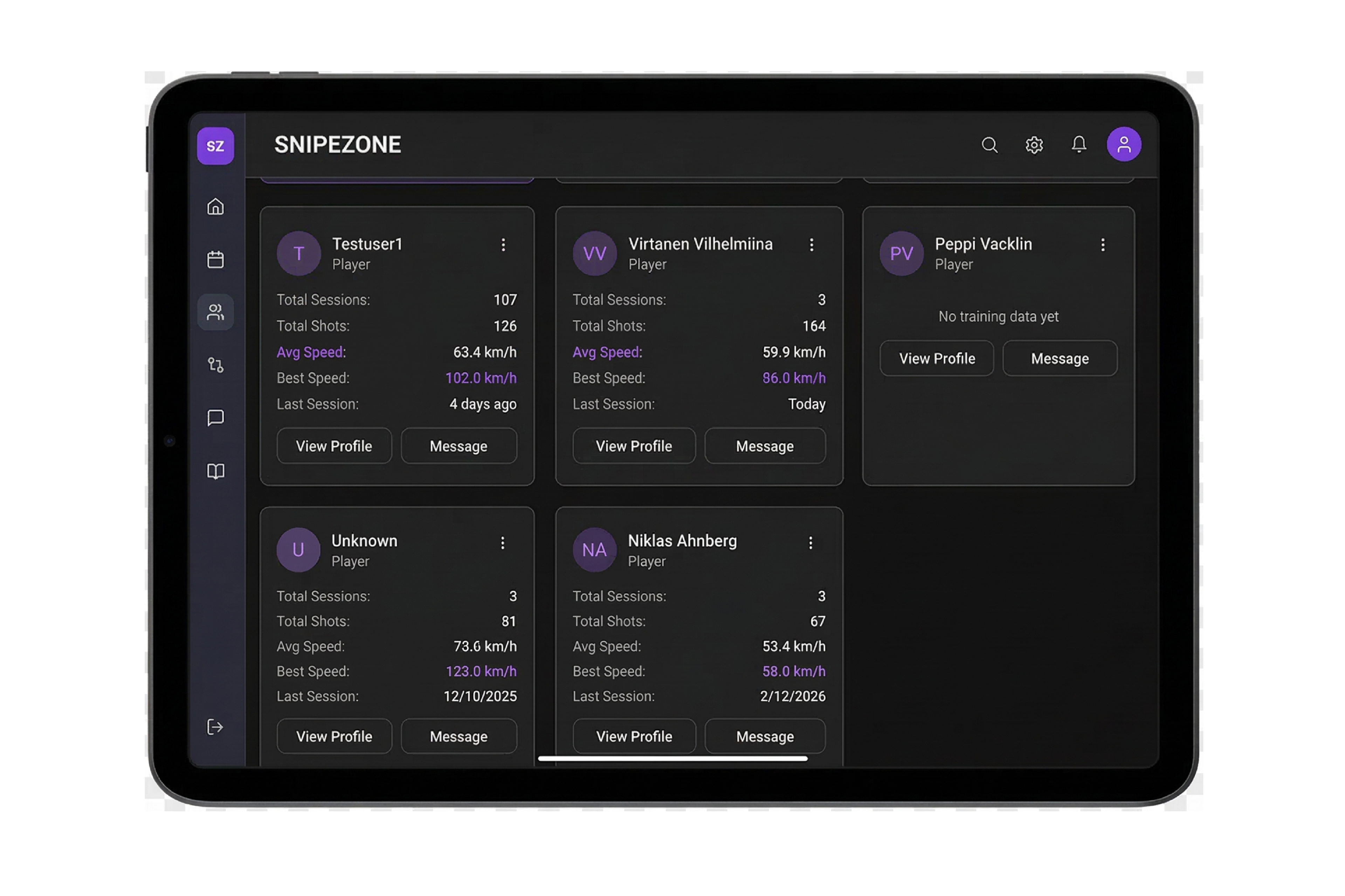 Tablet displaying a sports analytics app with player data on a white background